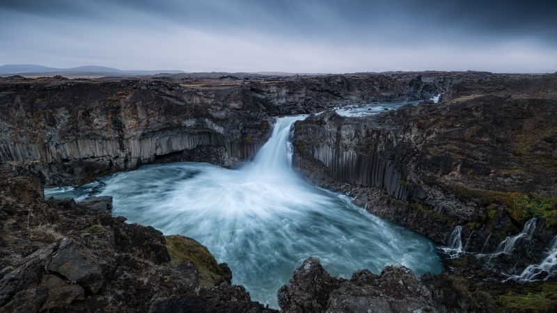 Aldeyjarfoss waterfall, Iceland, Skjalfandafljot river, Rocks, 5K, Wallpaper