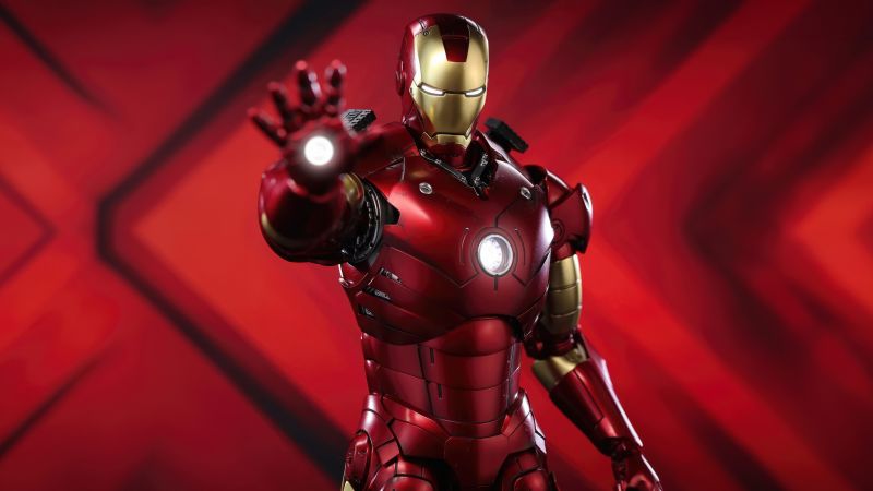 Iron Man, Action figure, Red background, 5K, Wallpaper