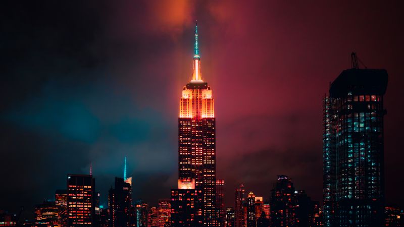 Empire State Building, Manhattan, New York City, Skyscraper, Night, Cityscape, City lights, Urban, Colorful, 5K, Wallpaper