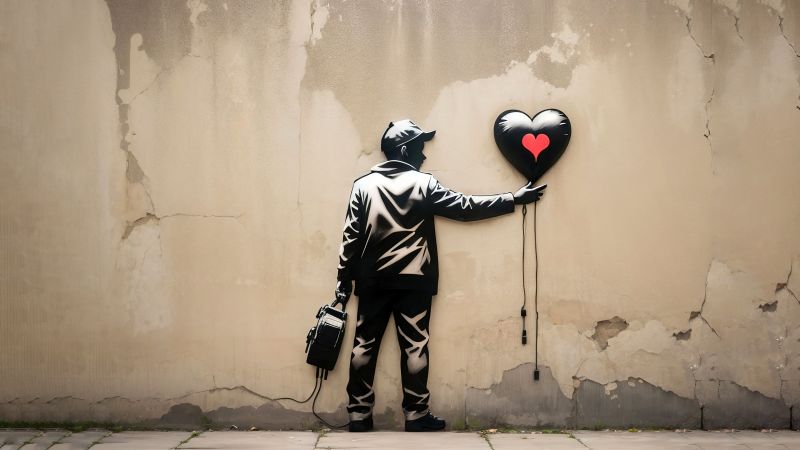 Heart balloon, Graffiti, 5K, Wall, Wallpaper