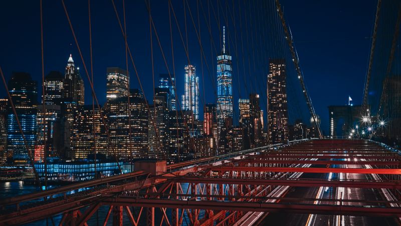 Brooklyn Bridge, Manhattan, New York City, Cityscape, City lights, Night, Urban, 5K, Wallpaper