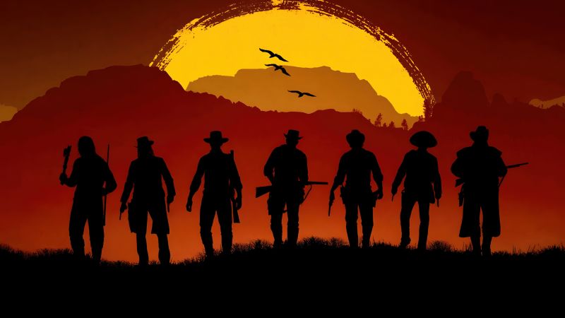 Red Dead Redemption 2, Gang, Silhouette, Sunset, Cowboys, Western, Wallpaper