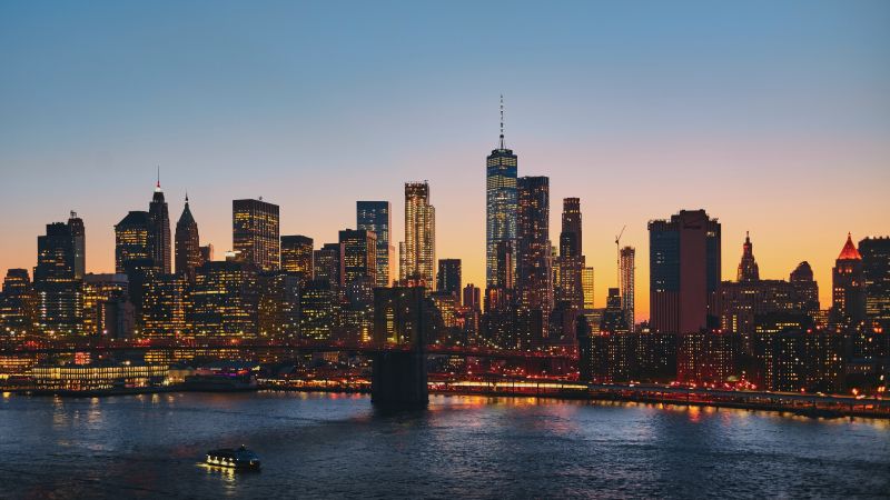 Manhattan, New York City, Manhattan Bridge, Cityscape, Sunset, Urban, Evening, City lights, 5K, Wallpaper