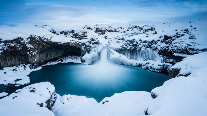 Aldeyjarfoss waterfall, Winter, Long exposure, Iceland, 5K, Wallpaper