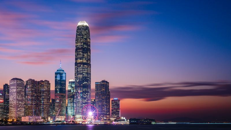Hong Kong City, Sunset, IFC mall, Dusk, Skyline, Skyscrapers, Victoria Harbour, Blue hour, City lights, Cityscape, Wallpaper