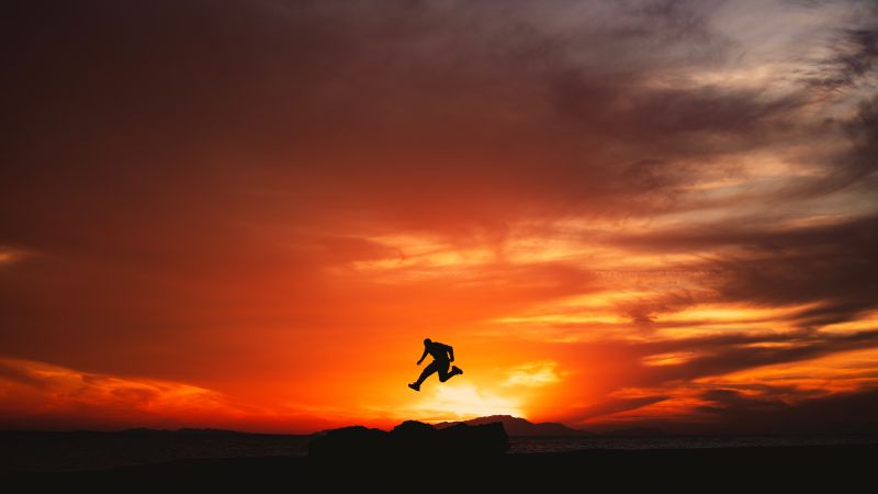Hisma Desert, Sunset, Saudi Arabia, Man, Jumping, 5K, 8K, Silhouette, Wallpaper