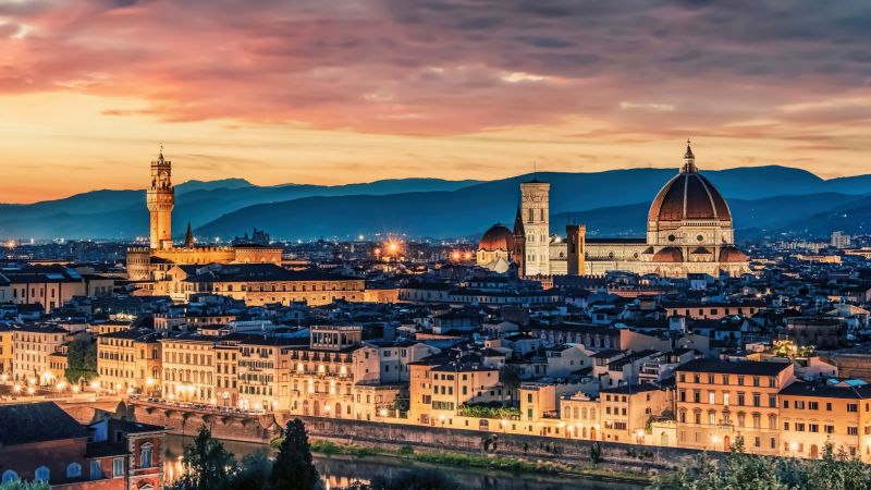 Florence Cathedral, Italy, Sunset, Night lights, Cityscape, Church, Historical landmark, Wallpaper
