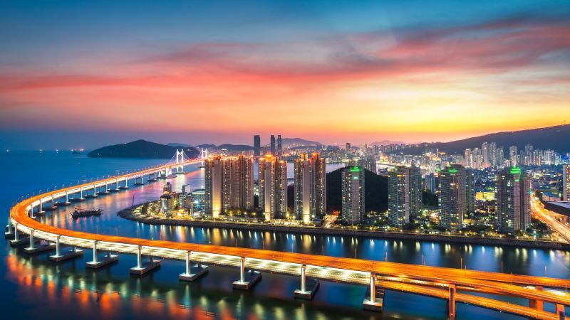 Busan, Gwangan Bridge, City lights, Sunset, Harbor, Red Sky, Metropolitan, Urban, South Korea, 5K, Wallpaper
