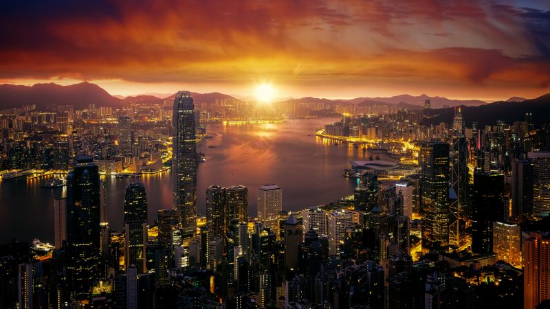 Hong Kong, Sunrise, Cityscape, City lights, Skyline, 5K, Wallpaper
