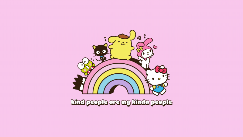 Sanrio, BFF, Hello Kitty, My Melody, Keroppi, Pompompurin, Pochacco, Pink background, Hello kitty quotes, Best friends, Rainbow, Wallpaper