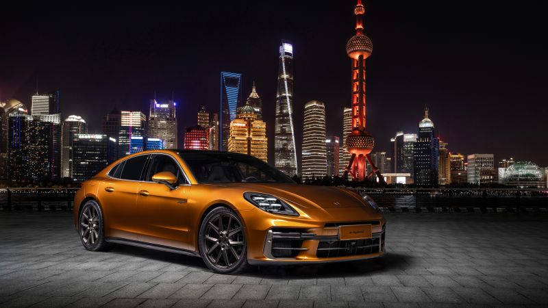 Porsche Panamera Turbo E-Hybrid, Shanghai, China Central TV Tower, Night, Cityscape, 5K, 8K, 2024, Wallpaper