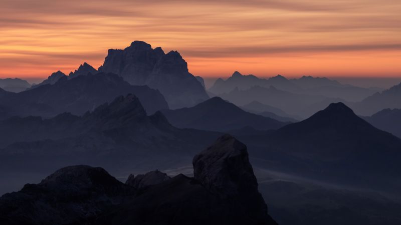 Mountain range, South Tyrol, Italy, Silhouette, Mountains, Peak, Dolomites, Outdoor, 5K, 8K, Sunset, Wallpaper