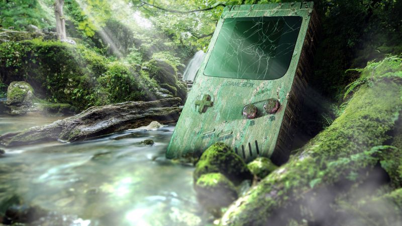 Gameboy, Retro, Digital Art, Forest, Surreal, 5K, Wallpaper