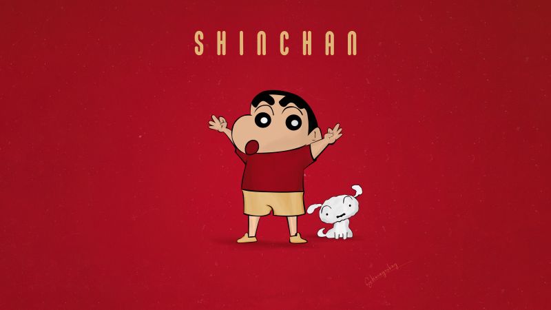 Shin-chan, Shiro, 5K, Red background, Shinchan Nohara, Cartoon, Wallpaper