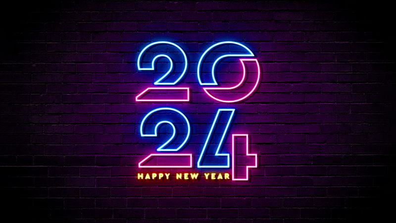 2024, Happy New Year, Neon, Brick wall, Wallpaper