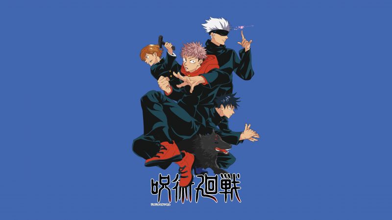 Jujutsu Kaisen, Characters, Satoru Gojo, Yuji Itadori, Megumi Fushiguro, 5K, 8K, Blue background, Wallpaper