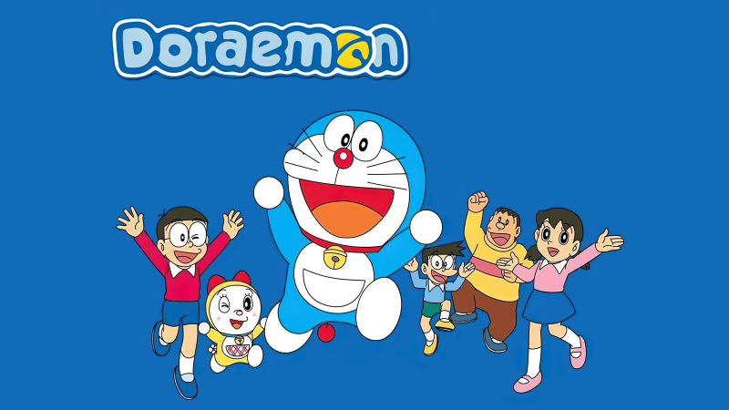 Doraemon, Characters, Nobita, Shizuka Minamoto, Dorami, Blue background, Cartoon, Wallpaper