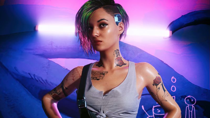 Judy Alvarez, Neon background, Cyberpunk 2077, 5K