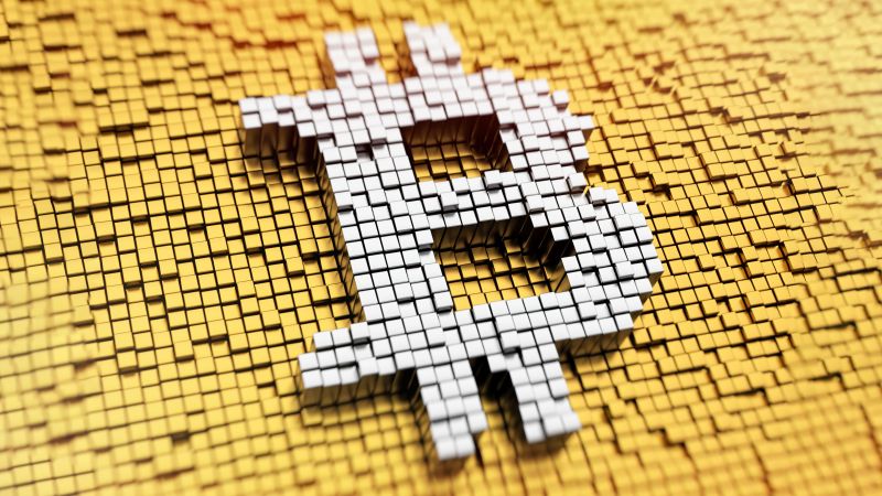 Bitcoin, 3D background, 5K, 3D cubes, Yellow background, Cryptocurrency, Wallpaper