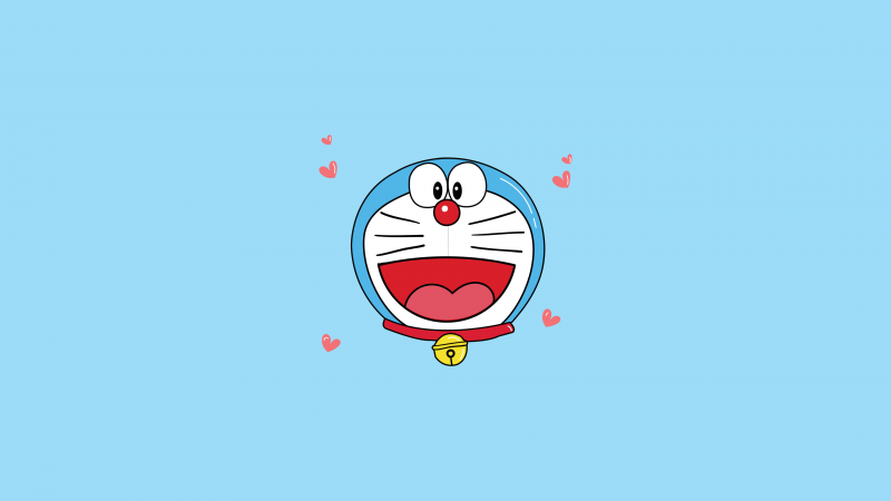 Doraemon, Minimalist, Cartoon, Illustration, Cute anime, Adorable, Blue background, Red hearts, Wallpaper