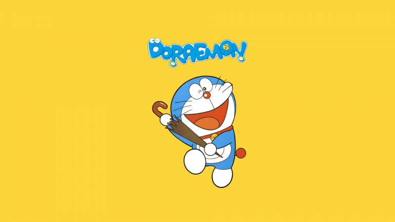 Doraemon, TV series, Yellow background, Minimalist, Laughing, Wallpaper