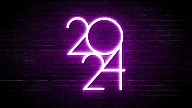 2024 New year, Dark theme, 5K, Purple aesthetic, Dark background, Brick wall, Wallpaper