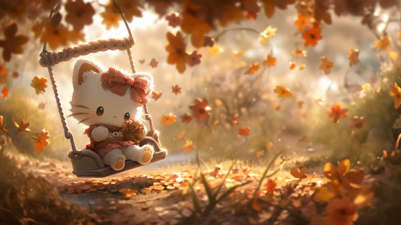 Hello Kitty, Autumn background, 5K, 8K, Adorable, Swing, Surreal, Aesthetic, Wallpaper