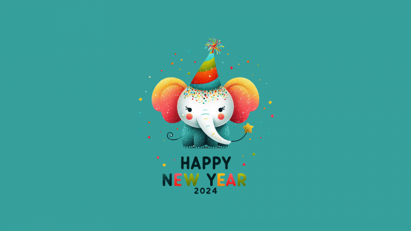Happy New Year 2024, 8K, Elephant cub, Cute art, AI art, 5K, Wallpaper