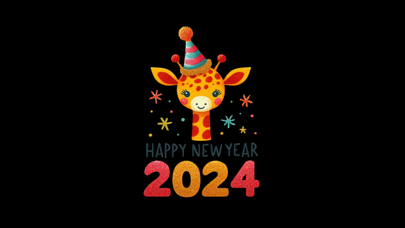 Happy New Year 2024, Giraffe, Cute art, AI art, Black background, AMOLED, 5K, 8K, Wallpaper
