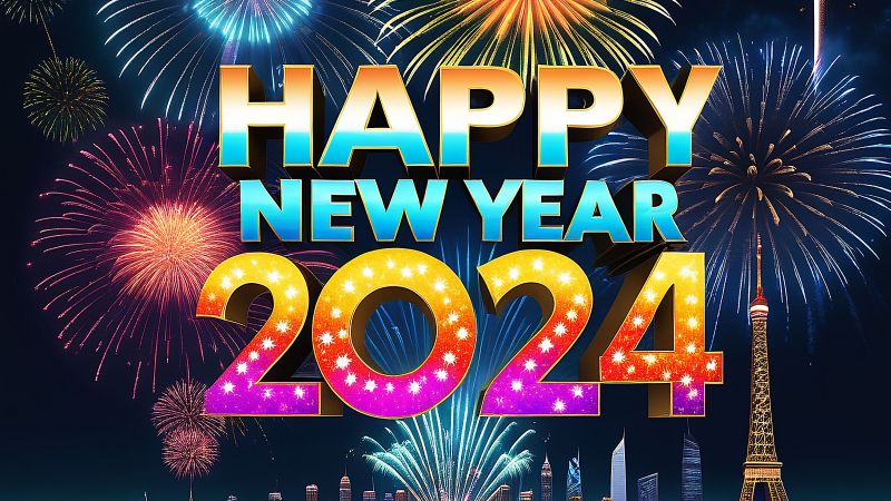Happy New Year 2024, Fireworks, AI art, Vibrant, CGI, Wallpaper