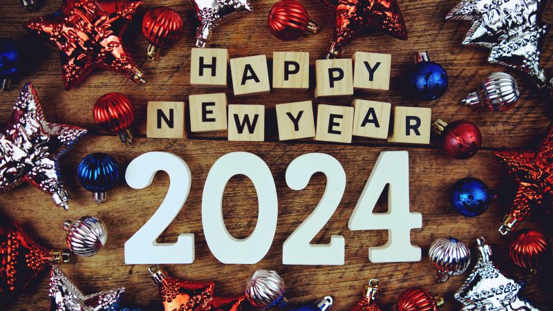 Happy New Year 2024, 5K, Christmas decoration, Wooden background, Wooden letters, Wallpaper