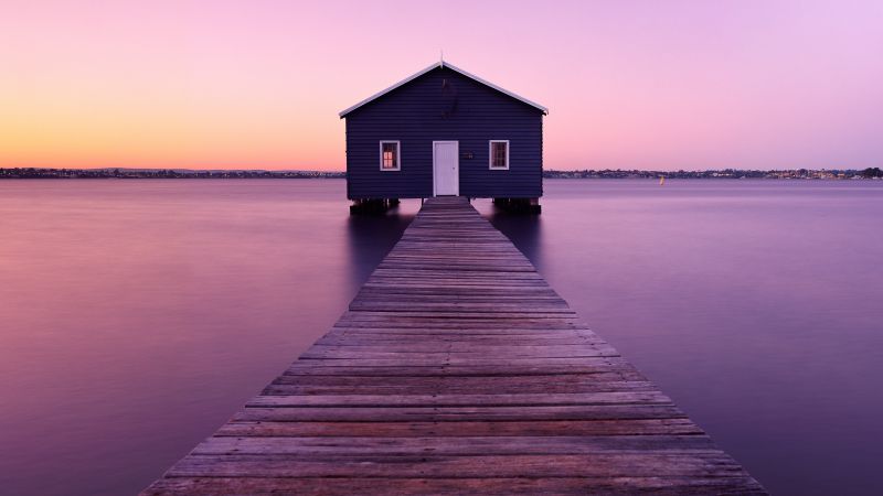 Boathouse, Sunrise, River, Morning, Seascape, Purple, Wooden pier, Deck, Winter, Aesthetic, Wallpaper