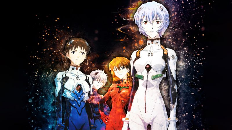 Neon Genesis Evangelion, Poster, Shinji Ikari, Kaworu Nagisa, Asuka Langley Soryu, Rei Ayanami, 5K, Black background, Character art, Wallpaper