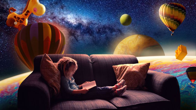 Cute Girl, Reading book, Couch, Floating, Outer space, Dream, Surreal, Hot air balloons, Wallpaper