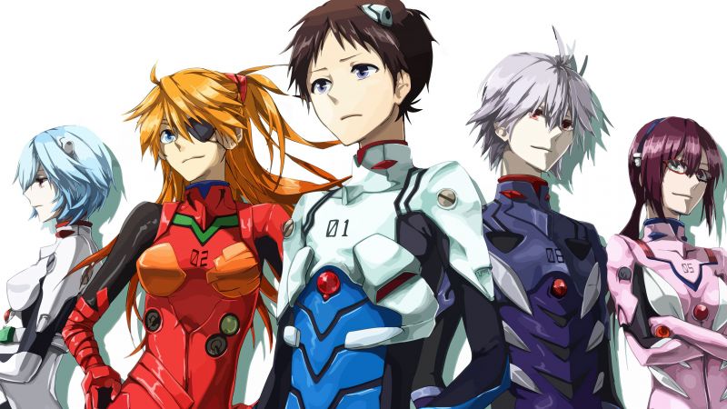 Neon Genesis Evangelion, Character art, Rei Ayanami, Asuka Shikinami Langley, Shinji Ikari, Kaworu Nagisa, 5K, Wallpaper