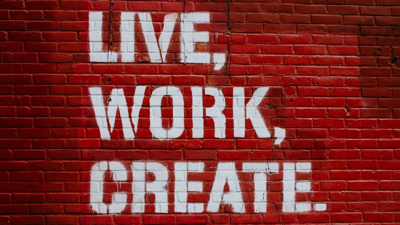 Live, Work, Create, Brick wall, Red, Motivational, Inspirational quotes, Wallpaper