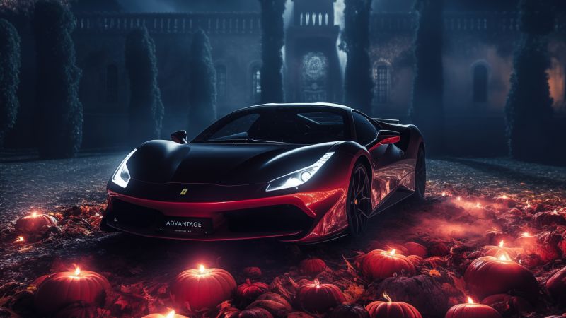 Ferrari, Sports car, Halloween background, Pumpkins, 5K, Darkness, Castle, Wallpaper