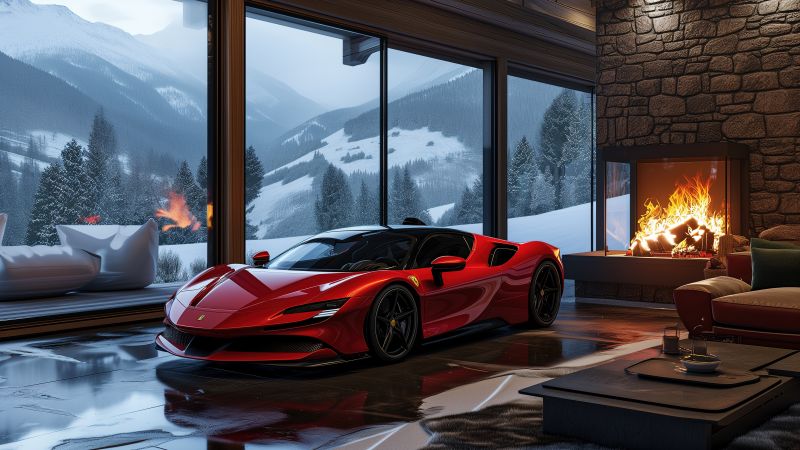 Ferrari SF90 Stradale, Cozy, Aesthetic interior, Winter, 5K, Fireplace, Wallpaper