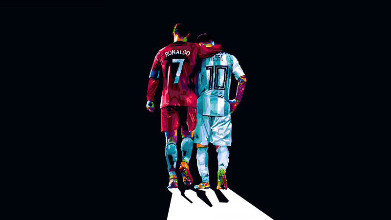 Cristiano Ronaldo, Lionel Messi, Pop Art, Dark background, 5K, 8K, Wallpaper