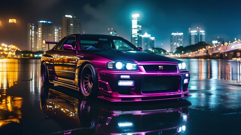 Nissan Skyline GT-R R34, AI art, Purple aesthetic, 5K