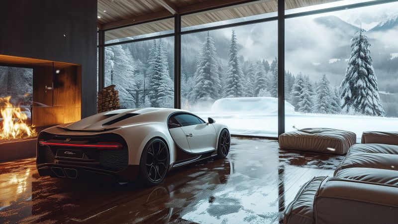 Bugatti Chiron, Cozy, Aesthetic interior, Winter, 5K, Fireplace, Wallpaper
