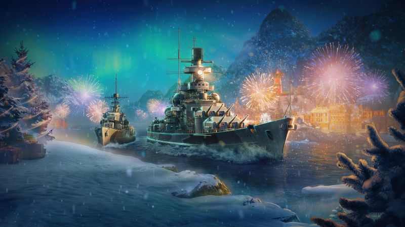 World of Warships, Christmas special, Fireworks, 5K, Wallpaper