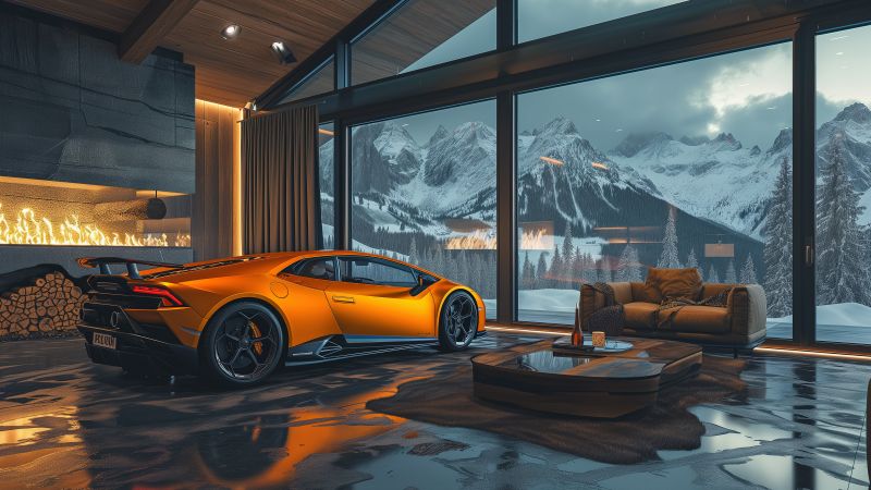 Lamborghini Huracan, Aesthetic interior, Cozy, Winter, 5K, Fireplace, Wallpaper