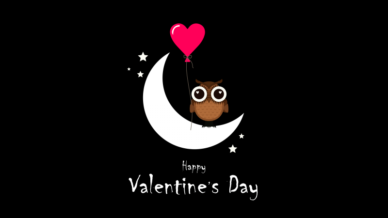 Happy Valentine's Day, AMOLED, Heart balloon, Red heart, Crescent Moon, Owl, Cute cartoon, February 14th, Wallpaper