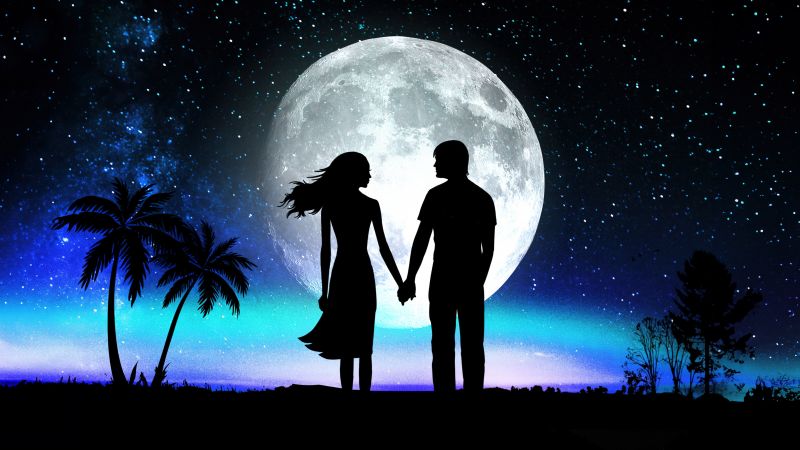 Love couple, Hands together, Dreamlike, Silhouette, Moon, Surrealism, Dark theme, Starry sky, 5K, Wallpaper