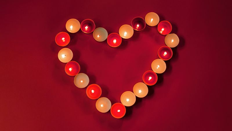 Heart shape, Wax candles, Red aesthetic, Red background, 5K, Wallpaper