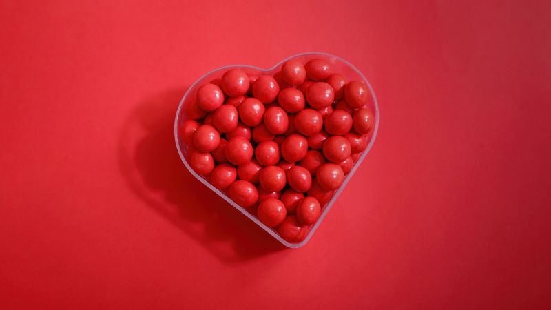 Heart shape, Sugar candies, Red background, 5K, Love heart, Wallpaper
