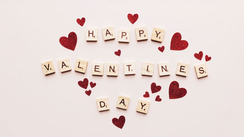 Happy Valentine's Day, Scrabble letters, Red hearts, White background, Wooden letters, 5K, Wallpaper