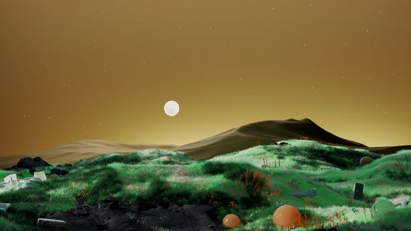 Dreamlike, Full moon, Landscape, Surrealism, Green Fields, Wallpaper