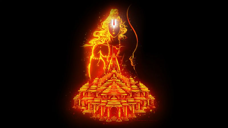 Ayodhya Ram Mandir, Glowing, Lord Rama, Hinduism, Hindu God, Black background, 5K, 8K, AMOLED, Jai Shri Ram, Digital Art, Wallpaper
